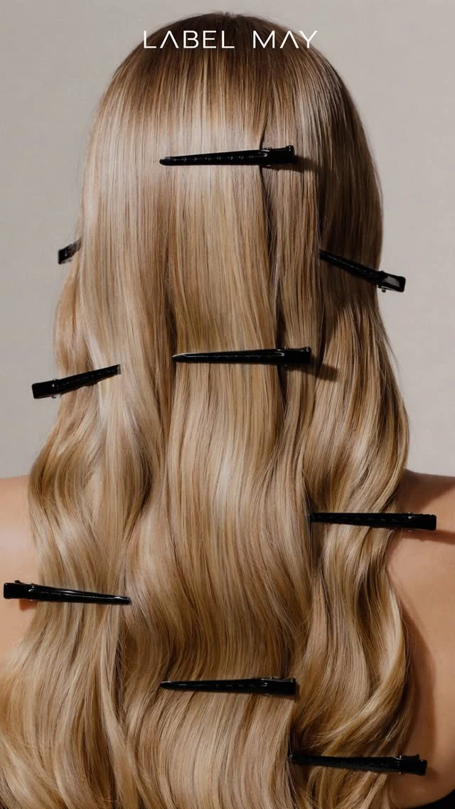 Long blonde hair held with Label May metal sectioning clips